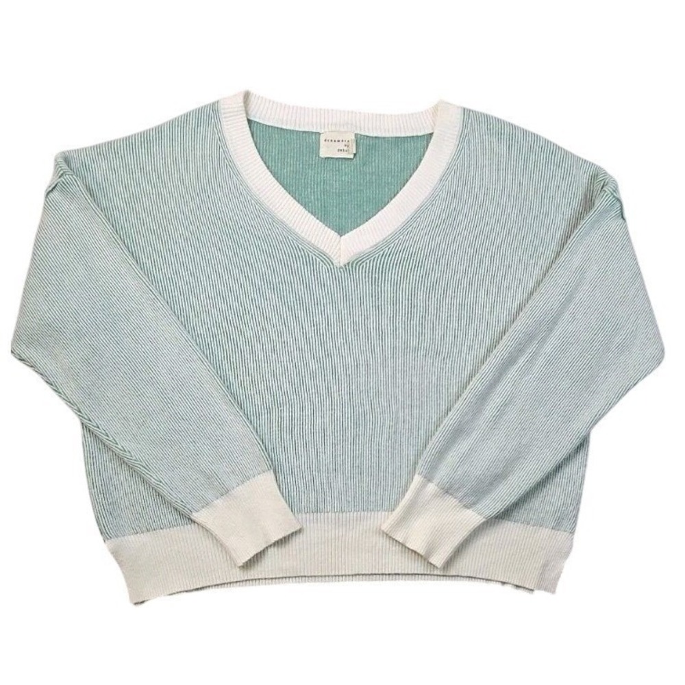 Dreamers By Debut Ribbed V-Neck Sweater Mint MEDIUM Cozy Preppy Everyday Knit
